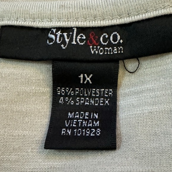 Style & Co 1X Top Shirt Beige Beach Graphic Short Sleeve Scoop Neck Fringe Knit - Picture 7 of 8